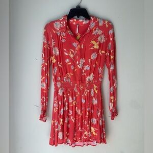 Free People Woman's Orange Floral Printed Mini Dress Balloon Slv, Sz XS
